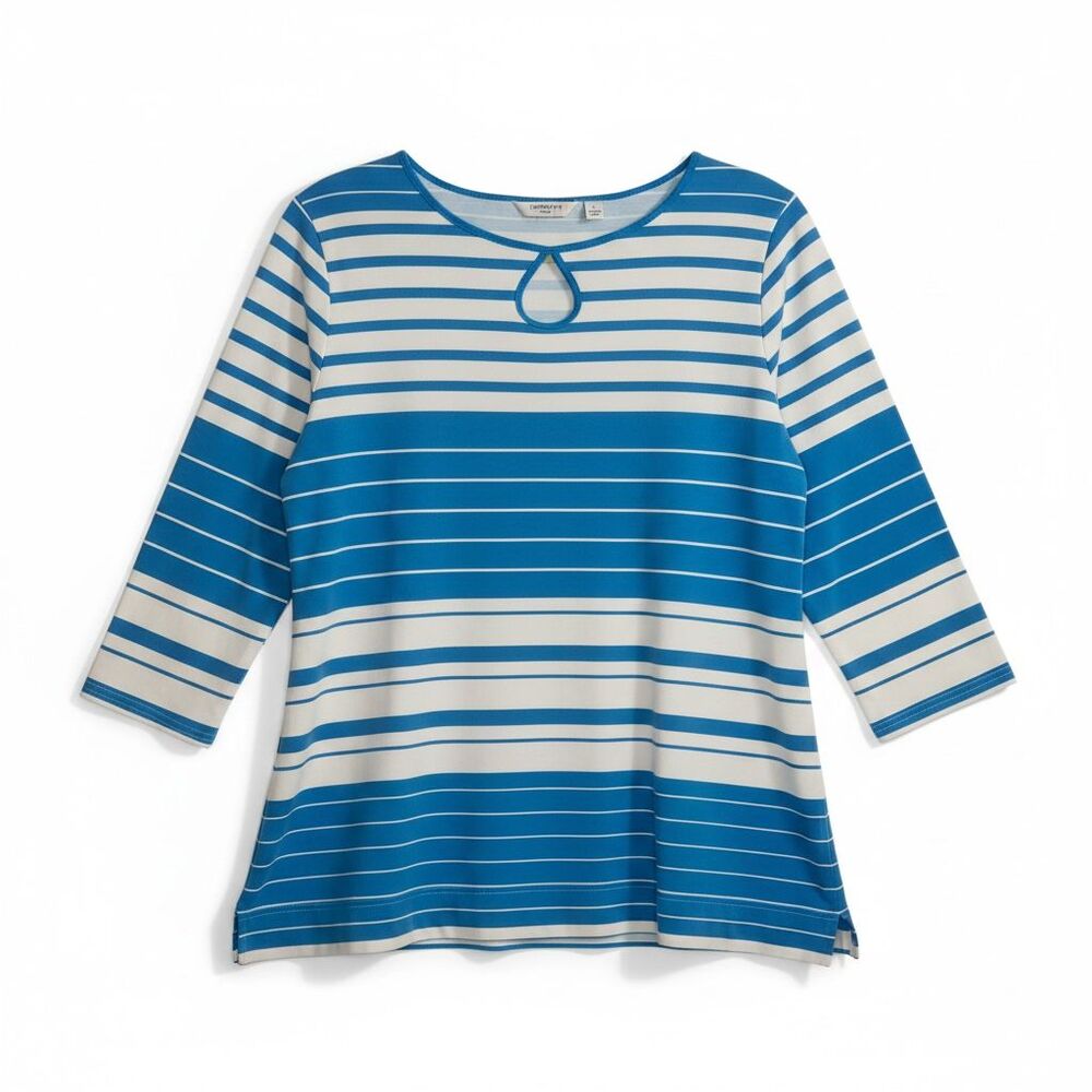 Liz Claiborne Key Hole Shirt Knit Top Blouse 3/4 Sleeve Stripe Teal White L